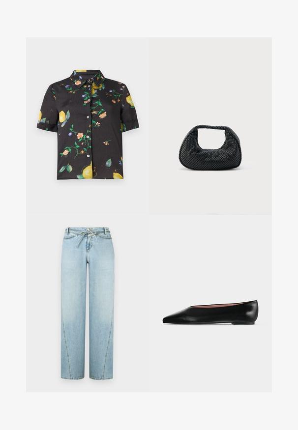 Chemise noire à manches courtes avec col, ornée d'un motif coloré de fleurs et de citrons.; Jean en denim bleu clair à jambes larges avec une taille à cordon de serrage, présentant un effet délavé, une coupe droite et des détails de coutures visibles le long des coutures.; Chaussure plate en cuir noir pour femme, avec bout pointu et petit talon, vue de côté sur un fond gris clair uni.; Sac hobo tissé noir avec une structure souple et une poignée intégrée, présenté sur un fond clair uni.