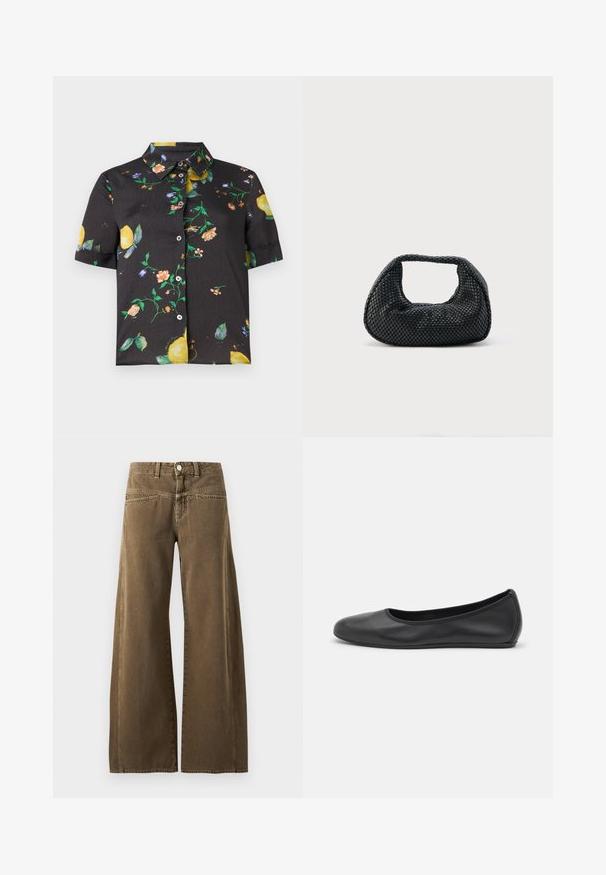 Chemise noire à manches courtes avec col, ornée d'un motif coloré de fleurs et de citrons.; Pantalon marron taille haute à jambes larges avec bouton devant, passants de ceinture, et coutures visibles sur fond clair.; Ballerines en cuir noir avec un bout rond, texture lisse, détails de couture minimalistes et design de semelle flexible.; Sac hobo tissé noir avec une structure souple et une poignée intégrée, présenté sur un fond clair uni.