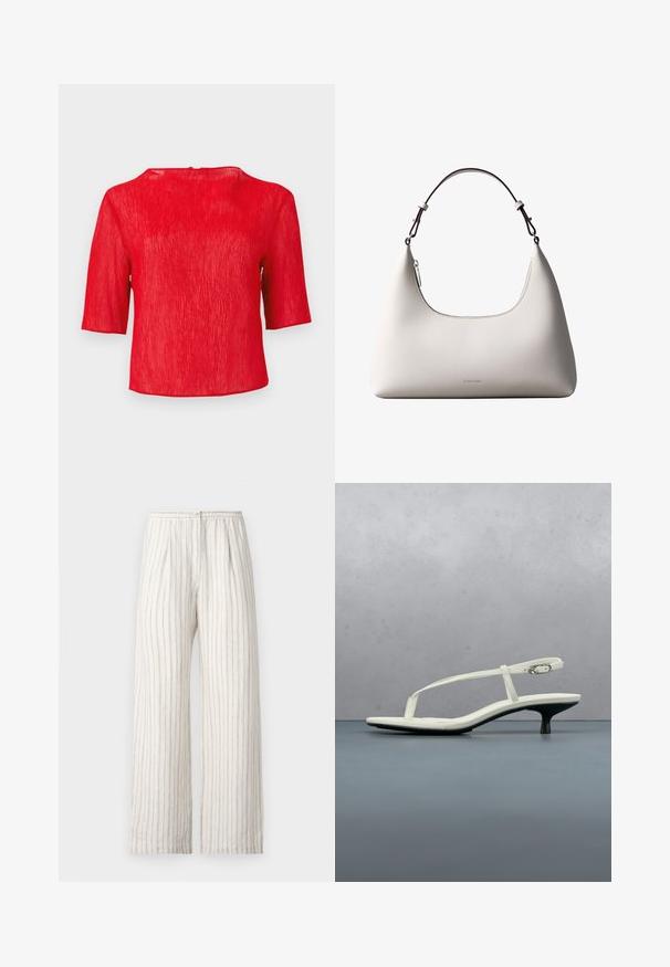 Blouse rouge texturée à manches courtes avec un col rond et une coupe légèrement ample sur un fond uni.; Samsøe Samsøe SATOVE TROUSERS - Pantalon classique - egret; Sandale blanche à talon kitten avec des lanières et un bout pointu, flottant au-dessus d'un sol en carrelage en bois en plein air avec un arrière-plan flou de plante et de mur.; Sac à bandoulière en cuir couleur crème de Calvin Klein avec bord supérieur incurvé, fermeture éclair argentée et sangle ajustable brun foncé.