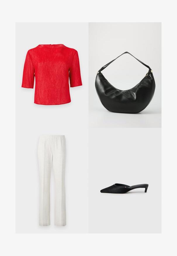 Blusa corta de manga corta texturizada en rojo, con cuello redondo y un ajuste ligeramente holgado, sobre un fondo liso.; Pantalones de pierna recta de color claro con una textura suave, que presentan pliegues en la parte frontal y un diseño de cinturilla limpio.; Mules de ante negro con puntera afilada y tacón bajo. Presentan una textura suave y una parte trasera abierta para facilitar su uso. Diseño sencillo sin patrones.; Bolso de hombro de cuero negro con una forma curva, textura suave y una sola correa; cuenta con un zipper dorado y un branding sutil.