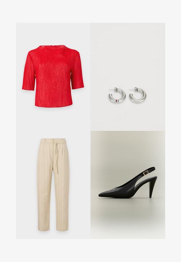 Blouse rouge texturée à manches courtes avec un col rond et une coupe légèrement ample sur un fond uni.; Pantalon beige à rayures avec une coupe décontractée, présentant une taille cintrée, une fermeture à bouton et une ceinture à nouer, fabriqué à partir d'un tissu léger.; Escarpin à bride arrière en cuir noir avec bout pointu, boucle dorée et talon effilé sur un fond neutre.; Boucles d'oreilles en argent avec un design lisse et arrondi, accentuées par une petite rayure rouge, blanche et bleue. Fermoir à tige sécurisé.