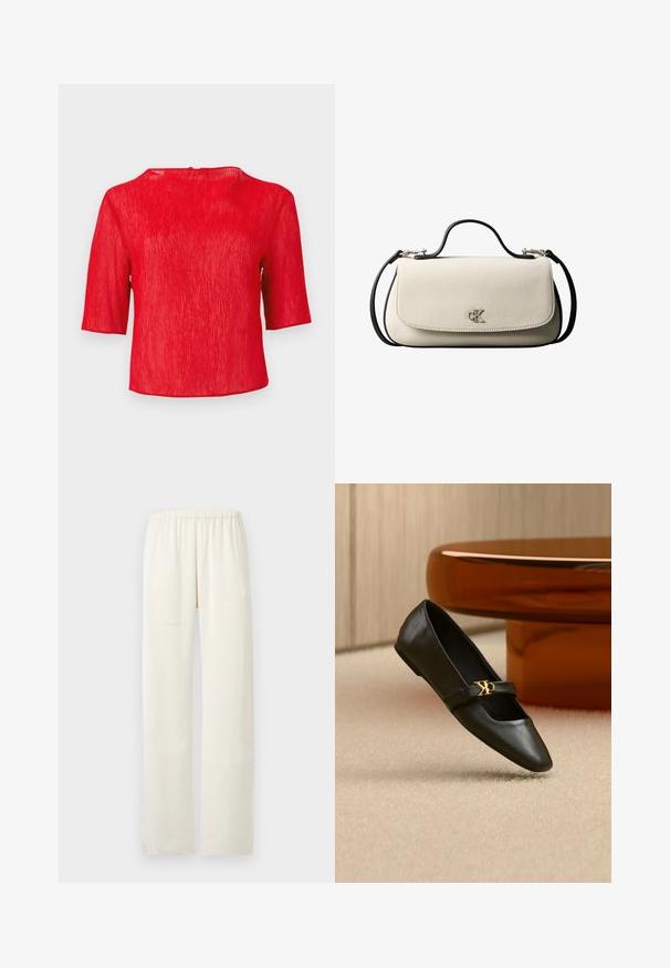 Rode, gestructureerde blouse met korte mouwen en een ronde halslijn, met een iets losse pasvorm, op een effen achtergrond.; Ecru, rechtvallende broek met elastische tailleband en zonder zichtbare zakken of versieringen.; Zwarte leren platte schoen met puntige neus en gouden CK-logo op het bandje, geplaatst op een beige tapijt bij een ronde amberbruine tafel.; Crèmekleurige rechthoekige handtas met zwarte riem en handvat, voorflapsluiting en een klein zilverkleurig "cK"-logo in het midden van de voorkant.