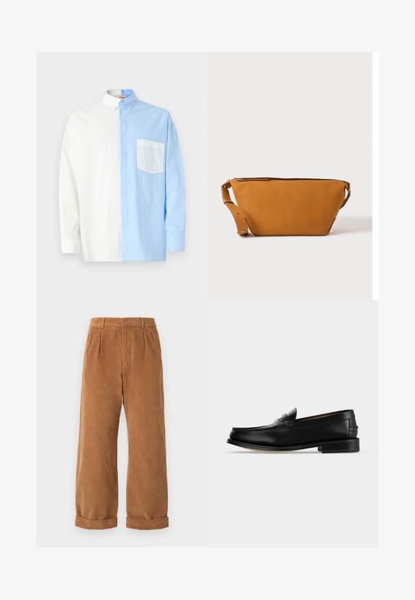 Overhemd met knoopsluiting in een kleurencombinatie van de helft wit en de helft lichtblauw. Gemaakt van katoen en voorzien van een patchzak aan de lichtblauwe zijde.; Bruine corduroy broek met een wijd model, voorzien van voorplooien en opgerolde zomen. De stof heeft een gestructureerd, geribbeld uiterlijk.; Zwarte leren herenloafer met een lage hak en mocassinstiksels op de teen, zijaanzicht op een effen achtergrond.; Lichtbruine leren crossbodytas met verstelbare band en ritssluiting, getoond tegen een effen lichte achtergrond.
