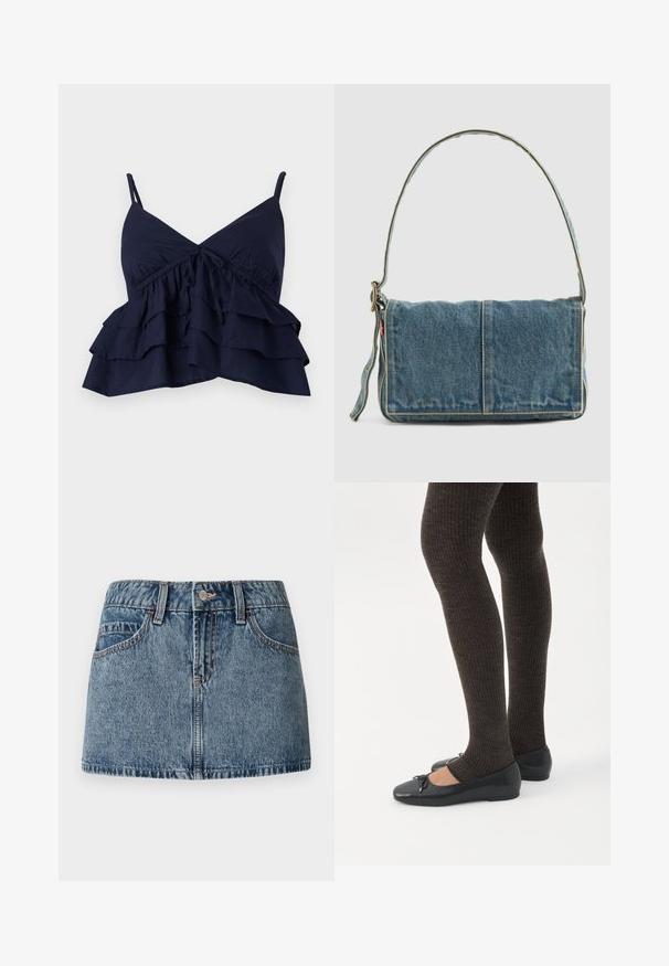 Tumesinine riide pealmine osa, millel on reguleeritavad õhukesed rihmad, kokkuvooderdatud bodice ning kolm kihiti volangiga äärist.; Keskmise sinise pesu denim mini-seelik, mis on varustatud kitsaste puusade, ees laikudega taskutega ja diskreetsete õmbluste detailidega. Sile, tekstureeritud kangas.; Jalad seljas tumedad soonelises soonelises kombines mustade baleriinadega, millel on väikesed paelade detailid valgel taustal.; Denim õlakott volditud disainiga, helesinine värv, nähtavad õmblused, reguleeritav sang ja külgmine silt.