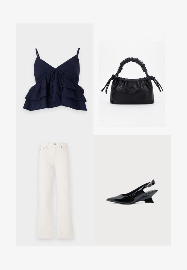 Top de tela azul marino con tirantes finos ajustables, que presenta un escote fruncido y tres capas de volantes en el dobladillo.; Jeans acampanados blancos hechos de denim, con cintura alta, cinco bolsillos y costuras de doble puntada, adornados con herrajes en tono cobre.; Zapato slingback de cuero charol negro con puntera puntiaguda y tacón bajo en bloque inclinado sobre fondo claro liso.; Bolso negro con textura de cocodrilo, borde superior fruncido, asa recogida y cordones con borlas en cada lado sobre un fondo blanco.