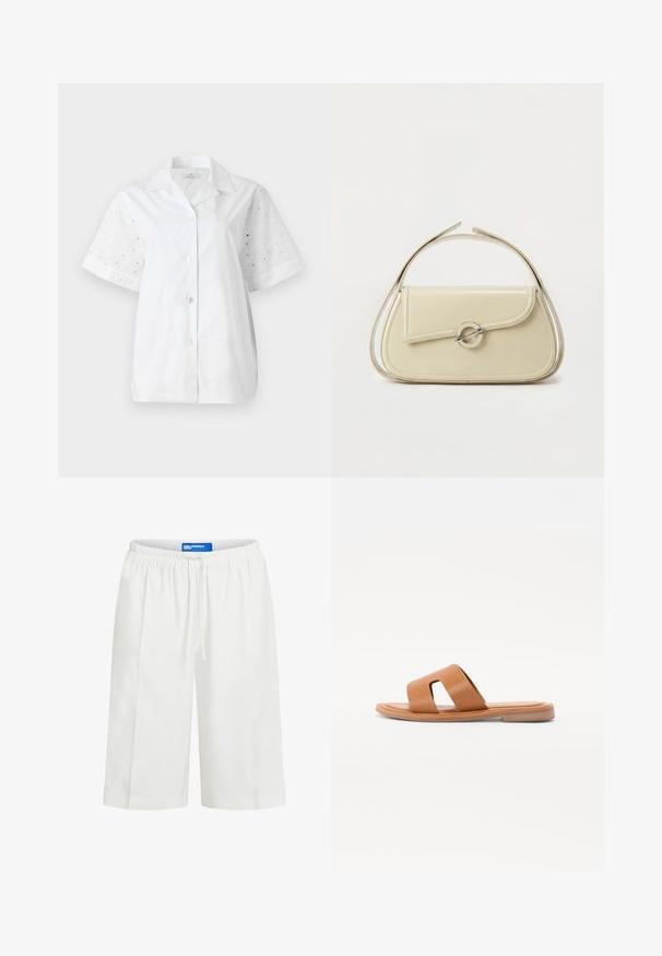 Chemise blanche à manches courtes avec un devant à boutons. Le corps principal est en tissu uni, tandis que les manches présentent un design à œillets floraux.; Shorts blancs longueur genou avec taille élastique et cordon de serrage, avec une étiquette visible bleu Karl Lagerfeld Jeans à l'intérieur.; Sandale en cuir marron avec une semelle plate, dotée d'une large bande avec accents découpés et d'une texture lisse. Design simple et minimaliste.; Sac à main en cuir crème avec rabat incurvé, fermoir circulaire en argent et poignée courte sur le dessus, sur fond blanc uni.