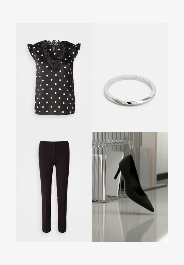 Blouse noire à pois blancs, avec des manches courtes à volants et un col en dentelle noire à bords festonnés. Matière en satin lisse.; MARCIANO BY GUESS GWEN PANTS - Pantalon classique - black; Chaussure noire à talons hauts équilibrée sur son talon sur un comptoir réfléchissant près de porte-dossiers métalliques avec des dossiers blancs.; Bracelet en métal argenté avec une surface lisse et brillante et des bords plats. Présente un design circulaire ouvert avec un détail de fermoir subtil.