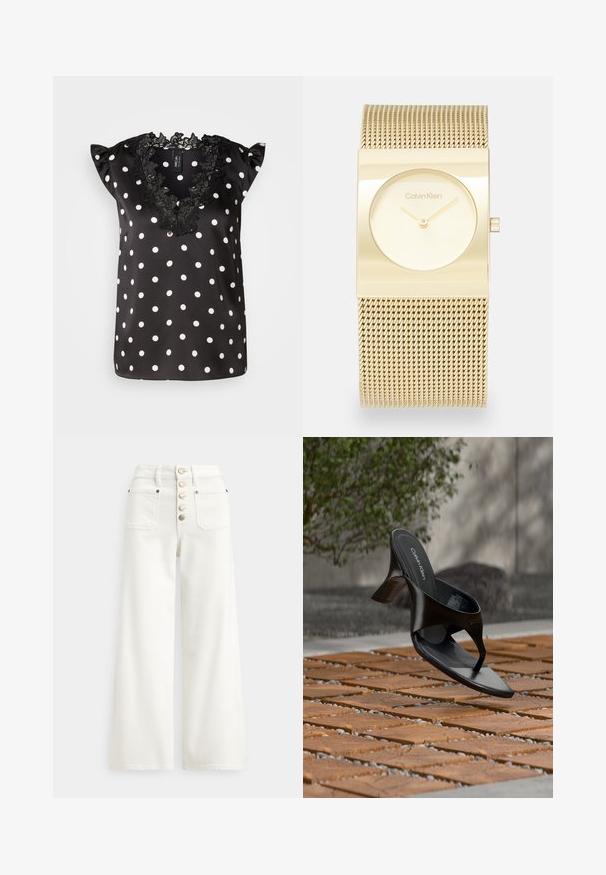 Blouse noire à pois blancs, avec des manches courtes à volants et un col en dentelle noire à bords festonnés. Matière en satin lisse.; Jeans blancs à jambes larges en denim, avec une taille haute, deux poches arrière et cinq boutons dorés sur le devant.; Sandale à talon noire Calvin Klein en forme de tongs flottant au-dessus d'une surface extérieure carrelée avec de la verdure et un mur en béton en arrière-plan.; Montre rectangulaire dorée avec un bracelet en maille métallique, cadran minimaliste et logo à 12 heures ; elle présente une simple aiguille des heures et une aiguille des minutes.