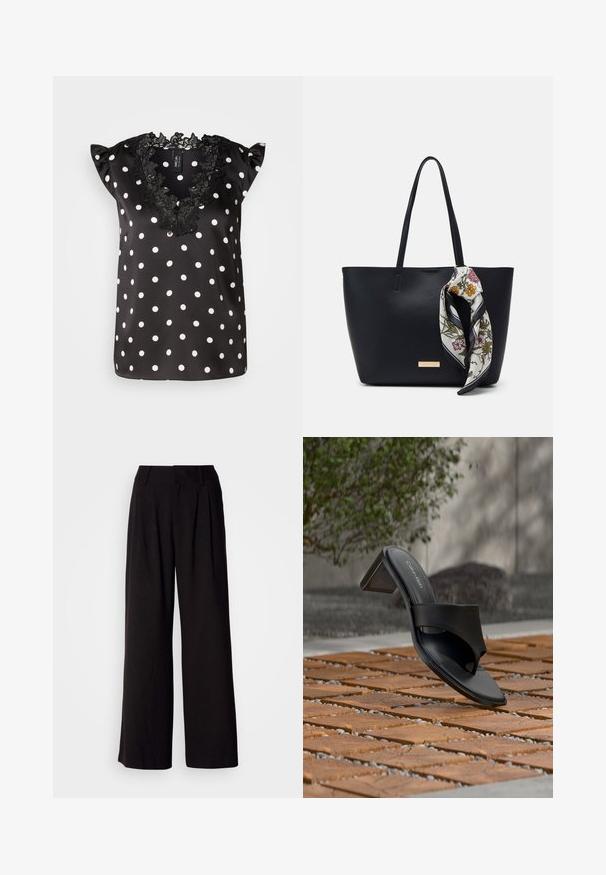 Blouse noire à pois blancs, avec des manches courtes à volants et un col en dentelle noire à bords festonnés. Matière en satin lisse.; Pantalon large noir en tissu lisse, avec des plis à l'avant, une taille ajustée, et sans motifs ni accents visibles.; Sandale à talon noire Calvin Klein avec boucle pour l’orteil, posée sur un sol en carreaux de bois en extérieur, près d’un arbre et d’un mur en pierre.; Sac fourre-tout en cuir noir avec deux poignées, orné d'une écharpe en soie florale attachée à la poignée et d'un accent logo métallique à l'avant.
