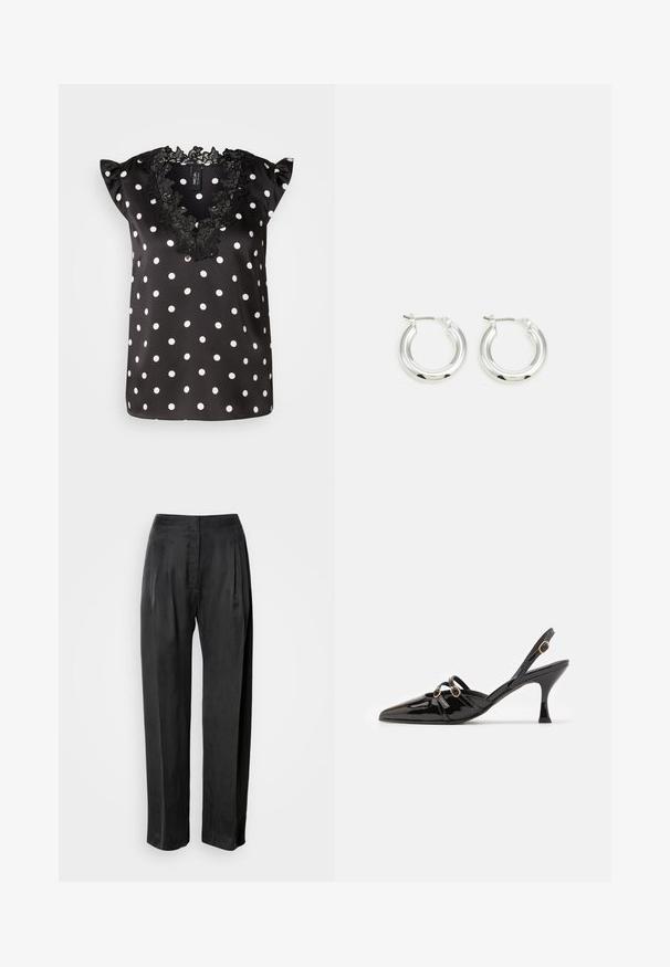 Blouse noire à pois blancs, avec des manches courtes à volants et un col en dentelle noire à bords festonnés. Matière en satin lisse.; Pantalon noir à jambes larges en tissu lisse, avec plis sur le devant, braguette zippée et ceinture classique.; ALOHAS JOELLE ONIX - Escarpins - black; Boucles d'oreilles en argent avec une finition polie, présentant une forme circulaire et une fermeture à charnière. Texture lisse avec un minimum de détails.