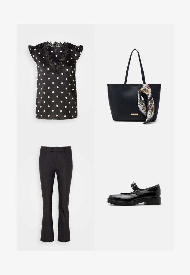 Blouse noire à pois blancs, avec des manches courtes à volants et un col en dentelle noire à bords festonnés. Matière en satin lisse.; Pantalons noirs évasés en tissu lisse, avec une taille plate, des passants de ceinture et un ourlet soigné pour un look élégant.; Chaussure Mary Jane en cuir verni noir avec bout rond, petit talon bloc et bride réglable avec boucle sur le coup de pied.; Sac fourre-tout en cuir noir avec deux poignées, orné d'une écharpe en soie florale attachée à la poignée et d'un accent logo métallique à l'avant.