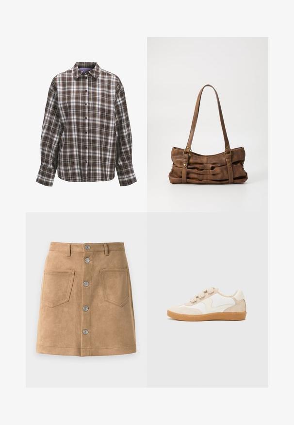 Langærmet skjorte med knapper, brun, sort og hvid ternet mønster og klassisk krave på hvid baggrund.; Tan suede nederdel med en tætsiddende form, fem metalliske frontknapper og to forlommer, der har en glat tekstur og rene kanter.; Sneakers i hvid og beige læder med nubuck-detaljer, der har en rund tå, tre velcrobånd og en gummisål.; Even&Odd by Zalando Håndtasker - brown