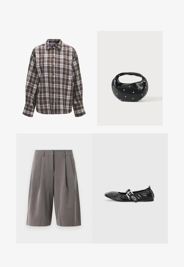 Langærmet skjorte med knapper, brun, sort og hvid ternet mønster og klassisk krave på hvid baggrund.; Grå skræddersyede knælange shorts med forreste læg og bæltestropper, lavet af glat vævet stof, vist mod en ensfarvet baggrund.; Sorte læder flade sko med spids tå, samling detaljer omkring åbningen, og en sølv spænde accent på den justerbare rem.; Sort læderhåndtaske med en rundet form, dekoreret med sølvnitter, og et kort håndtag. Glat tekstur og lynlåslukning.