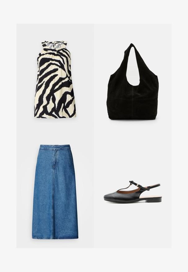 Zwart en crèmekleurig mouwloos top met een zebra print ontwerp, met geplooide details bij de halslijn en een knoopsluiting aan de achterkant.; Denim midi-rok met een ontspannen pasvorm, voorzien van een hoge taille, rafelige zoom en een effen blauwe kleur. Eenvoudig ontwerp zonder zichtbare versieringen.; Zwarte leren platte slingbackschoen met T-bandje en gouden gesp op een neutrale achtergrond.; Zwarte suède schoudertas met een slouchy ontwerp, een brede, gebogen schouderriem en een naadloze uitstraling met minimale stiksels.
