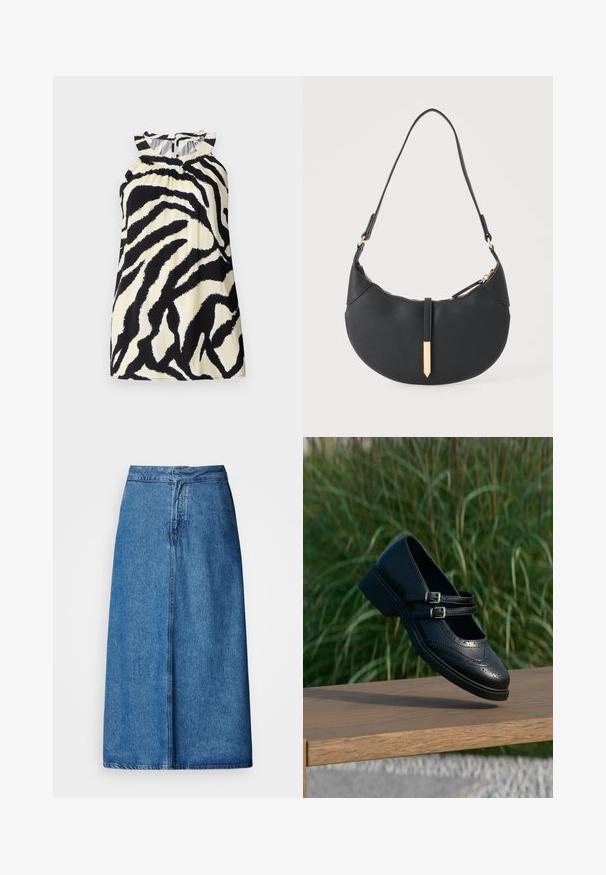 Haut sans manches noir et crème avec un motif zèbre, présentant des détails froncés au niveau de l'encolure et une fermeture à bouton au dos.; Jupe midi en denim à coupe décontractée, avec une taille haute, un ourlet effiloché et une couleur bleu uni. Design simple sans ornements visibles.; Chaussure Mary Jane en cuir noir avec doubles brides bouclées et détails brogue, flottant au-dessus d'un banc en bois avec en arrière-plan de l'herbe verte.; Sac à main noir en forme de croissant avec une bandoulière unique, une fermeture éclair dorée et une languette décorative rectangulaire dorée à l'avant.