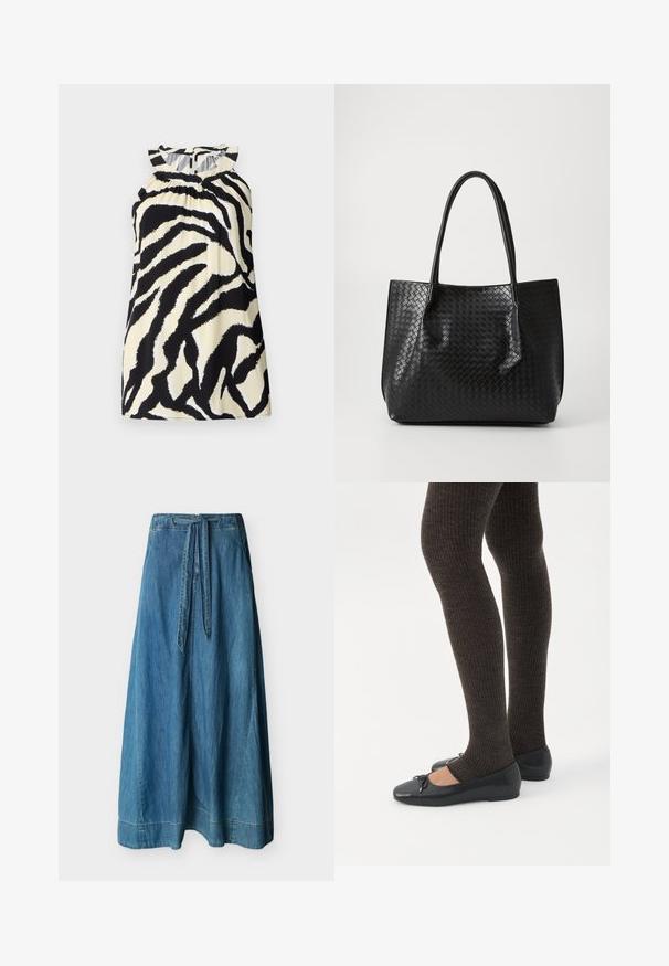 Zwart en crèmekleurig mouwloos top met een zebra print ontwerp, met geplooide details bij de halslijn en een knoopsluiting aan de achterkant.; Lange blauwe denimrok met hoge taille en aangehechte riem, recht hangend tegen een witte achtergrond.; Benen met donkere geribbelde leggings gecombineerd met zwarte ballerina's met kleine strikdetails op een witte achtergrond.; Zwarte geweven lederen totebag met twee handvaten, gestructureerde vorm en subtiele glanzende afwerking, tegen een eenvoudige lichte achtergrond.