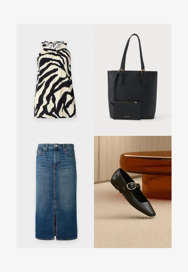 Sort og creme ærmeløs top med et zebra-print design, der har sammensyninger ved halsudskæringen og en knaplukning bagpå.; Mørkeblå denim midi-skjørt med en frontslids, fem lommer og kontrastsyning. Har en knap- og lynlåslukning i taljen.; Sort Mary Jane flatsko i læder med sølvspænde, vist på beige tæppe nær en brun rund bordfod.; Sort læder tote taske med to håndtag og en matchende lille lynlåspung, fastgjort og mærket Anna Field med guldbogstaver.