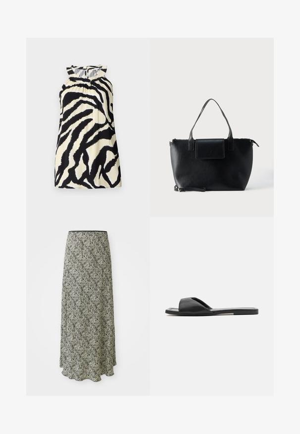 Zwart en crèmekleurig mouwloos top met een zebra print ontwerp, met geplooide details bij de halslijn en een knoopsluiting aan de achterkant.; Zwarte en crème midi-rok met een golvend patroon, een gladde textuur en een scalloped zoom; gemaakt van lichtgewicht stof.; Zwarte slidesandalen hebben een soepele synthetisch materiaal, open teen ontwerp en een platte zool met een minimale accentstreep aan de zijkant.; Zwarte leren totebag met twee handvatten, een afneembare band, magnetische klepsluiting en een gladde textuur. Rits aan de bovenzijde en sierstiksels.