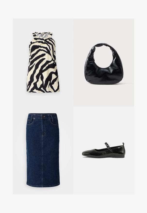 Sort og creme ærmeløs top med et zebra-print design, der har sammensyninger ved halsudskæringen og en knaplukning bagpå.; Denim midi nederdel i mørkeblå, med lige snit, forlommer og kontrasterende orange syninger. Glat tekstur med minimal detaljering.; Sorte patentlæder flade sko med spidse tæer, en ankelrem med spænde og en glat, blank tekstur. Lav hæl for komfort.; Sort faux læder håndtaske med en unik halvmåneform, et bredt, polstret håndtag og en lynlåslukning. Glat, blank tekstur og minimalistisk design.