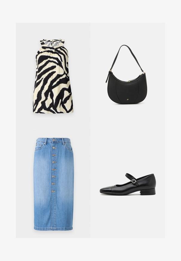 Zwart en crèmekleurig mouwloos top met een zebra print ontwerp, met geplooide details bij de halslijn en een knoopsluiting aan de achterkant.; Blauwe denim midi-rok met een rechte snit, voorzien van een sluiting met knopen aan de voorkant, vijf zakken en een vervaagde wassing voor textuur.; Zwarte leren Mary Jane schoenen met een gepatenteerde neus, verstelbare enkelband en lage blokhak. Een gladde textuur en een elegante uitstraling.; Zwarte leren handtas met een gebogen vorm, textuuroppervlak, voornaden en een logo in goudkleur. Beschikt over een enkele verstelbare schouderband.