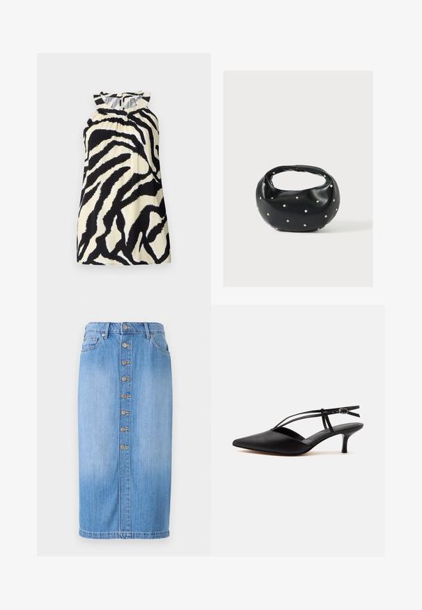 Zwart en crèmekleurig mouwloos top met een zebra print ontwerp, met geplooide details bij de halslijn en een knoopsluiting aan de achterkant.; Blauwe denim midi-rok met een rechte snit, voorzien van een sluiting met knopen aan de voorkant, vijf zakken en een vervaagde wassing voor textuur.; Zwarte leren pumps met spits toelopende neus, kittenheel met dunne enkelriem en gesp, slingback ontwerp, op een effen lichte achtergrond.; Zwarte leren handtas met een afgeronde vorm, versierd met zilveren studs, en een korte handgreep. Gladde textuur en ritsluiting.