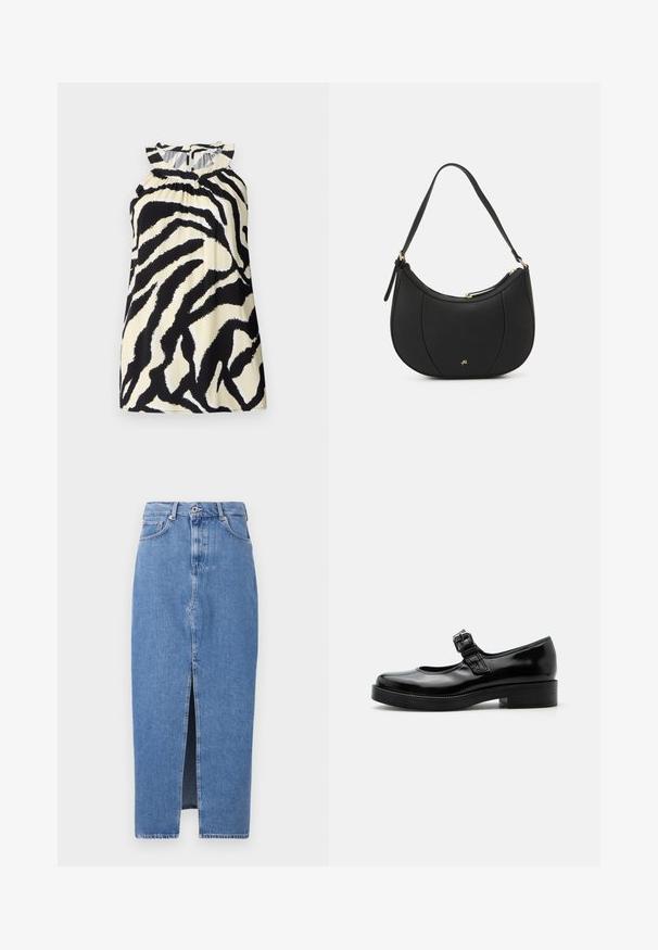 Sort og creme ærmeløs top med et zebra-print design, der har sammensyninger ved halsudskæringen og en knaplukning bagpå.; Lyseblå denim midi-nederdel med en frontslids, klassisk fem-lomme design og lukning med topknap. Stoffet har en let struktur.; Sort laklæder Mary Jane-sko med rund tå, lav blokhæl og justerbar spænde-rem over vristen.; Sort læderhåndtaske med en buet form, struktureret overflade, forreste syninger og et logo i guldfarve. Har en enkelt justerbar rem.