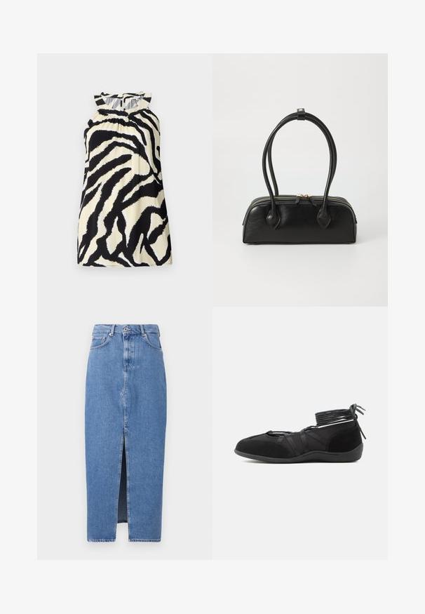 Zwart en crèmekleurig mouwloos top met een zebra print ontwerp, met geplooide details bij de halslijn en een knoopsluiting aan de achterkant.; Lichtblauwe denim midi-jurk met een voorkant split, klassieke vijf zakken ontwerp en sluiting met bovenste knoop. De stof heeft een lichte textuur.; Zwart platte schoen met wikkelbare enkelbandjes en suède details, ontworpen voor een veilige pasvorm en een minimalistische stijl.; Zwarte leren handtas met twee verlengde handvatten, ritsluiting en ronde vorm; gladde textuur met subtiele glanzende afwerking.