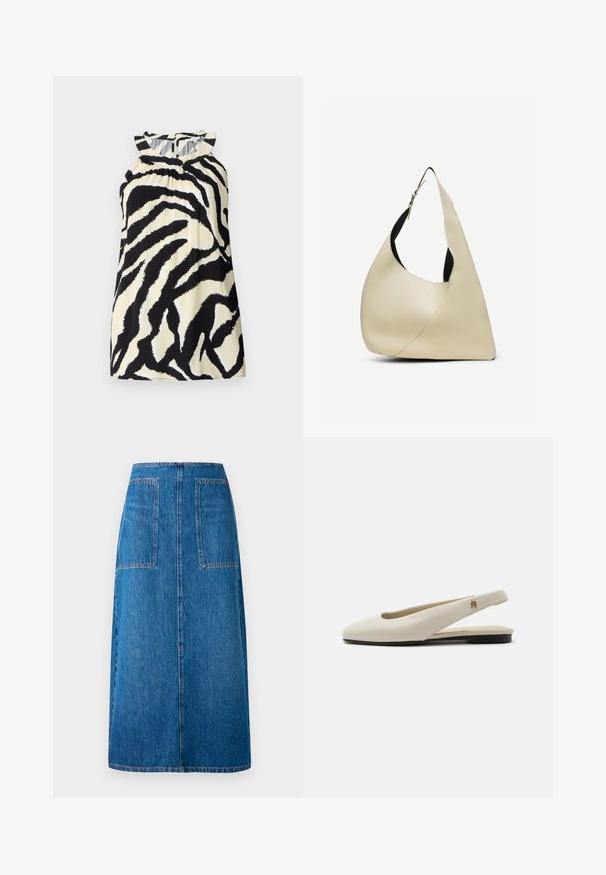 Haut sans manches noir et crème avec un motif zèbre, présentant des détails froncés au niveau de l'encolure et une fermeture à bouton au dos.; Jupe en denim bleu foncé à coupe droite, dotée de deux poches arrière et de coutures visibles le long de l'ourlet et des bords des poches.; Chaussure plate slingback en cuir couleur crème avec un bout arrondi et un petit emblème doré sur la bride.; Sac à bandoulière en cuir lisse couleur crème, de forme triangulaire arrondie, avec une sangle réglable et une boucle en argent.