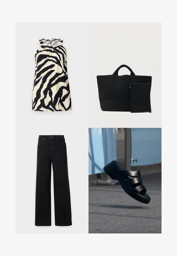 Zwart en crèmekleurig mouwloos top met een zebra print ontwerp, met geplooide details bij de halslijn en een knoopsluiting aan de achterkant.; Zwarte high-waist jeans met wijde pijpen, knoop- en ritssluiting aan de voorkant, riemlussen en voor- en achterzakken, weergegeven op een witte achtergrond.; Zwarte platformsandaal met drie brede banden die boven een grijze stoep zweven nabij blauwe stoffen panelen.; Zwarte geweven draagtas met een gestructureerd oppervlak, voorzien van twee handvatten en een kleine bijpassende pouch. Rechthoekige vorm, minimalistisch ontwerp.