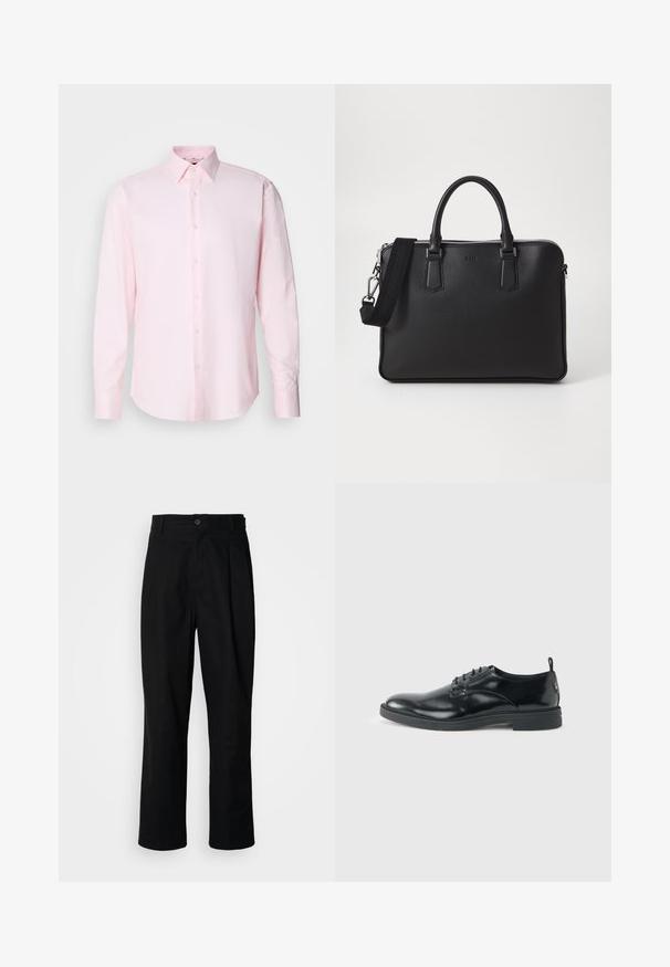 Camisa de manga larga de color rosa claro, confeccionada en tejido texturizado, con cuello estándar y cierre de botones en la parte delantera.; Pantalones rectos negros con cintura con botones, trabillas para cinturón y pliegue frontal, exhibidos sobre un fondo blanco liso.; Zapato de vestir negro de cuero brillante con tacón bajo, cierre de cordones y puntera redonda, mostrado de lado sobre un fondo claro y liso.; Bolso de cuero negro con superficie texturizada, dos asas y una correa para el hombro desmontable. Presenta cremalleras plateadas y elementos de diseño minimalistas.