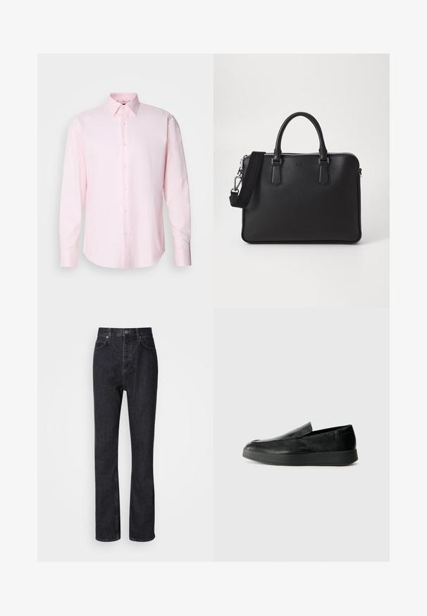 Helles rosa Langarmhemd aus strukturiertem Stoff, mit einem klassischen Kragen und Knopfverschluss vorne.; Hochtaillierte schwarze Jeans aus Denim mit Knopf- und Reißverschluss, Vorder- und Hintertaschen sowie einer geraden Passform.; Calvin Klein HYBRID CUP - Slipper - triple black; Schwarze Ledertasche mit strukturierten Oberflächen, zwei Griffen und einem abnehmbaren Schultergurt. Verfügt über silberne Reißverschlüsse und minimalistische Designelemente.