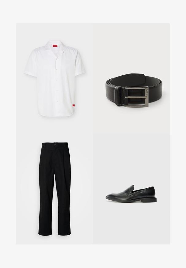 Chemise blanche à manches courtes avec col camp, dotée d'étiquettes rouges du logo Hugo à l'intérieur du col et à l'ourlet inférieur.; Pantalons noirs à jambes droites avec une taille à bouton, passants de ceinture et pli avant, présentés sur un fond blanc uni.; Mocassins en cuir noir avec une texture lisse, un nez pointu et un petit talon rectangulaire. Présente un détail de bande horizontale sur le dessus.; Ceinture en cuir noir avec une texture lisse, dotée d'une boucle rectangulaire en ton argent et d'un logo de marque embossé sur le métal.