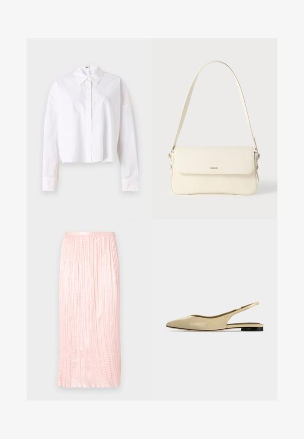 Chemise blanche courte en coton avec un col classique, un devant boutonné et des manches longues avec poignets. Texture lisse, design simple.; Jupe midi plissée en rose doux, avec une texture lisse et une taille élastique. Conçue avec des plis verticaux pour un aspect fluide.; Chaussure plate beige à bout pointu avec bride arrière, petit talon noir et finition en cuir lisse, vue de côté sur un fond uni.; Sac à bandoulière en cuir couleur crème avec fermeture à rabat, quincaillerie argentée, une bandoulière réglable et un logo discret.