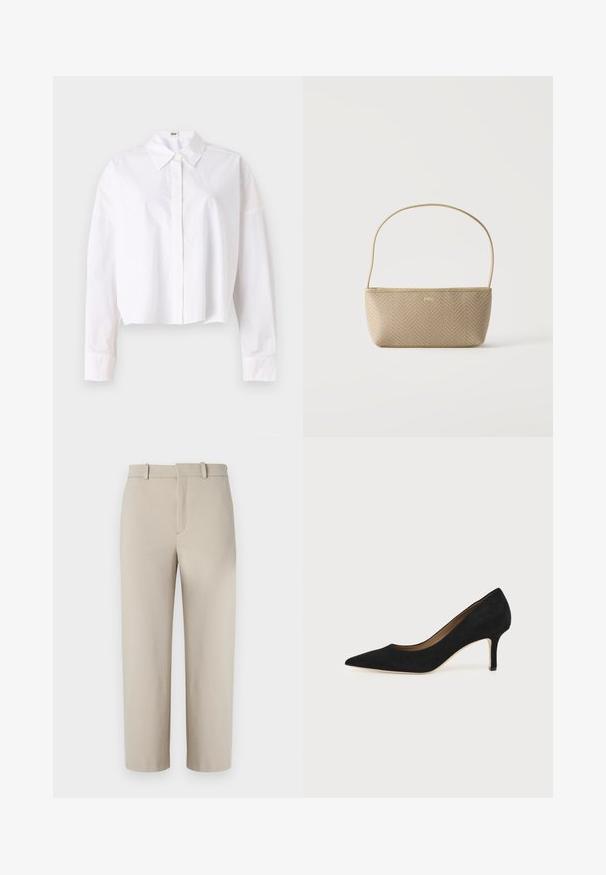 Chemise blanche courte en coton avec un col classique, un devant boutonné et des manches longues avec poignets. Texture lisse, design simple.; Pantalons beiges coupés, design ajusté, devant plat avec fermeture éclair dissimulée, deux poches latérales, fabriqués en tissu en coton mélangé lisse.; Escarpin en daim noir à bout pointu avec un talon stiletto fin de hauteur moyenne et un design à coupe basse sur un fond uni.; Sac à main tissé beige avec fine bandoulière et petit logo doré "BOSS" à l'avant, présenté sur fond blanc uni.