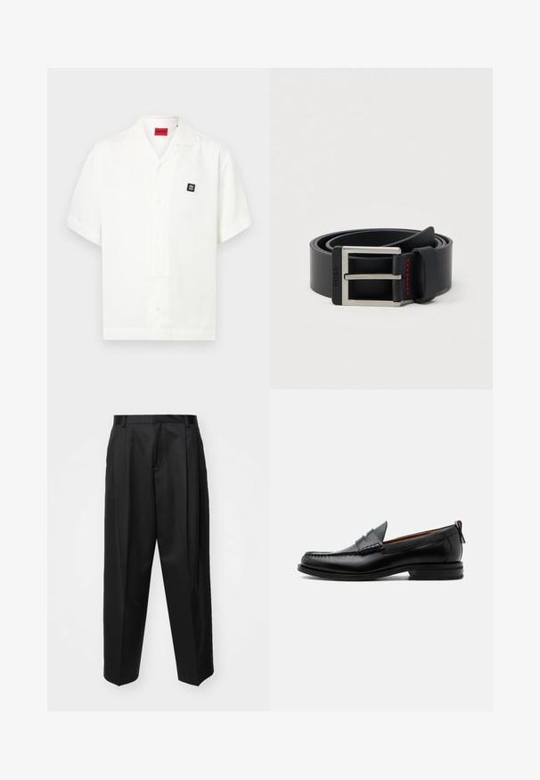 Chemise blanche à manches courtes avec col ouvert, écusson carré noir avec logo sur la poitrine et étiquette de marque rouge à l'intérieur du col.; Pantalon noir ajusté avec taille haute, jambes larges et plis marqués. Fabriqué dans un tissu lisse avec passants de ceinture et sans quincaillerie visible.; Mocassin homme en cuir noir avec couture moc toe, bride penny, col texturé et petit talon empilé sur fond blanc.; Ceinture en cuir noir enroulée avec une boucle métallique rectangulaire argentée et un détail de couture rouge près de la boucle.