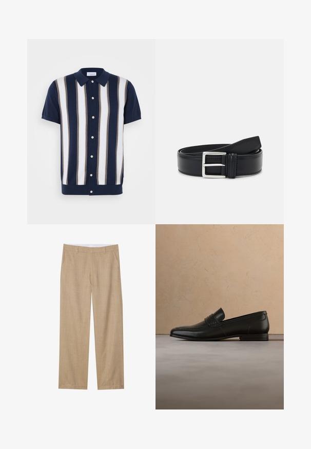 Kurzarm-Poloshirt mit navyblauem Grundton und vertikalen Streifen in Weiß und Beige. Verfügt über einen Kragen und eine Knopfleiste.; Beigefarbene, maßgeschneiderte Hose mit dezentem Karomuster, aus leichtem Stoff, mit Seitentaschen und geradem Schnitt.; Schwarzer Lederschuh im Slipper-Stil schwebt über einem beigen Teppich, im Hintergrund ist ein beiges Sofa zu sehen.; Schwarzer Ledergürtel mit einer silbernen Schnalle, flaches Design, glatte Textur und kontrastierende Nähte entlang der Kante.