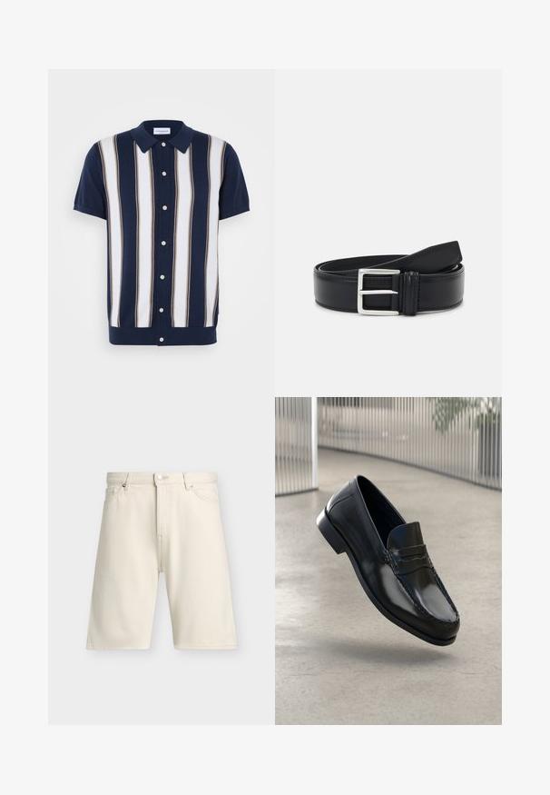 Korte mouwen polo shirt met een marineblauwe basis en verticale strepen in wit en bruin. Heeft een kraag en een knoopsluiting aan de voorkant.; Beige knielange shorts met voorste knoop, rits, lussen voor riem, twee voorzakken en een strak, eenvoudig ontwerp.; Zwarte leren loafers met een gladde afwerking, een afgeronde neus, decoratieve stiksels en een licht verhoogde zool.; Zwarte leren riem met een zilveren gesp, vlak ontwerp, gladde textuur en contrasterende stiksels langs de rand.