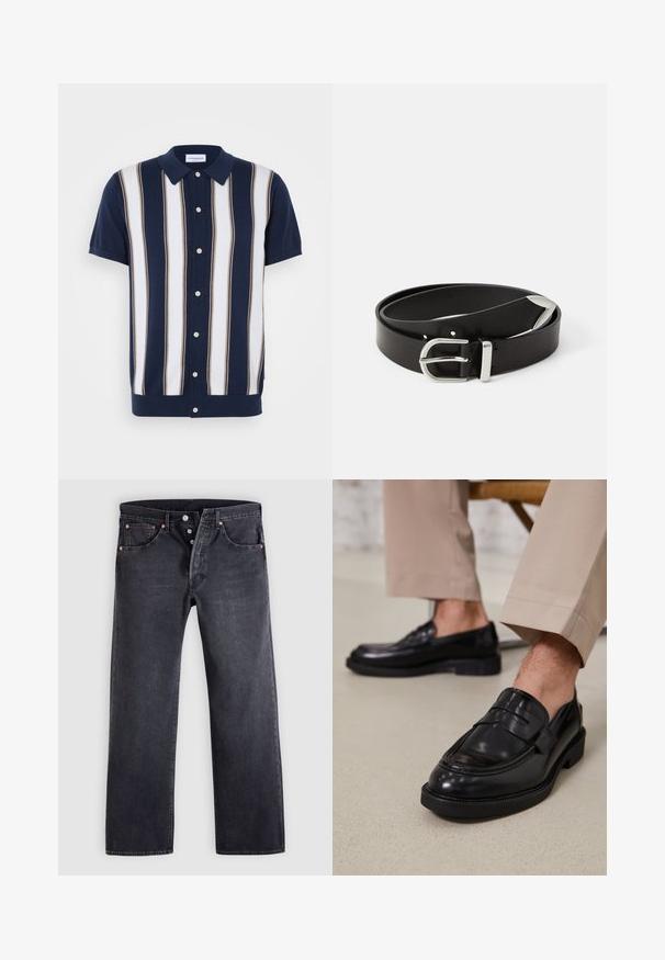 Kurzarm-Poloshirt mit navyblauem Grundton und vertikalen Streifen in Weiß und Beige. Verfügt über einen Kragen und eine Knopfleiste.; Schwarze Jeans aus Denim mit geradem Schnitt, Fünf-Taschen-Design und kupferfarbenen Knopfakzenten. Glatte Textur mit leicht verblasstem Finish.; Schwarze Lederloafers mit glatter Oberfläche, ausgestattet mit einem dekorativen Riemen und Kontrastnähten, kombiniert mit beigen Hosen.; Schwarzer Ledergürtel mit einer silbernen Metallschnalle, die ein klassisches Design und eine glatte Textur aufweist. Mit Löchern für eine verstellbare Passform.