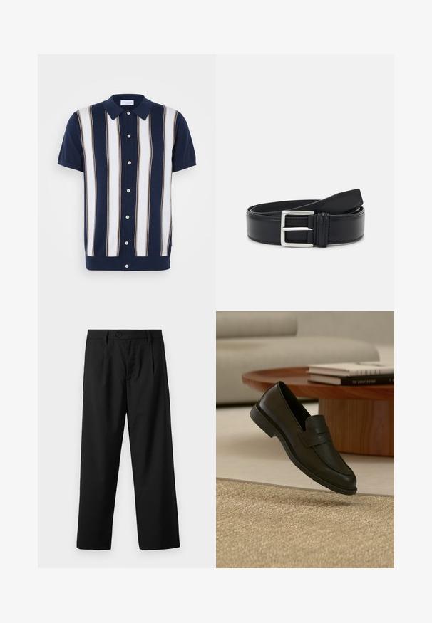 Kurzarm-Poloshirt mit navyblauem Grundton und vertikalen Streifen in Weiß und Beige. Verfügt über einen Kragen und eine Knopfleiste.; Schwarze Hose im geraden Schnitt mit einem Einzelknopfverschluss, zwei Vorderaschen und einer glatten, leichten Stofftextur.; Schwarzer Lederloafer-Schuh schwebt über einem beige gewebten Teppich, mit einem Holztisch und gestapelten Büchern in einem sanft beleuchteten Wohnzimmer.; Schwarzer Ledergürtel mit einer silbernen Schnalle, flaches Design, glatte Textur und kontrastierende Nähte entlang der Kante.