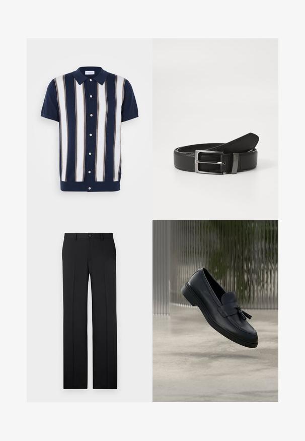 Kurzarm-Poloshirt mit navyblauem Grundton und vertikalen Streifen in Weiß und Beige. Verfügt über einen Kragen und eine Knopfleiste.; Schwarze, maßgeschneiderte Hose mit geradem Bein, glattem Stoff, vorderen Falten und einem einzelnen Knopfverschluss an der Taille.; Schwarze Leder-Loafer mit glatter Textur, gerundeter Zehenpartie und dekorativen Quasten vorne. Flexible Gummisohle mit niedrigem Absatz.; Schwarzer Ledergürtel mit einer silbernen Metallschnalle, der eine glatte Oberfläche und ein klassisches Design aufweist. Der Gürtel ist ordentlich gefaltet.