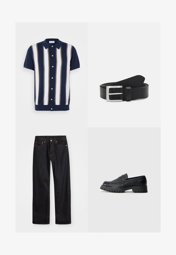 Korte mouwen polo shirt met een marineblauwe basis en verticale strepen in wit en bruin. Heeft een kraag en een knoopsluiting aan de voorkant.; Heren straight-leg zwarte denim jeans met vijf zakken en oranje stiksels, knoop- en ritssluiting op de voorkant van de tailleband.; Zwarte leren instappers met een ronde neus, voorzien van een decoratieve riem en een stevige rubberen zool met diepe groeven voor grip.; Zwarte leren riem met een gladde textuur, zilveren rechthoekige gesp en een lus voor het einde. Heeft nette stiksels langs de randen.