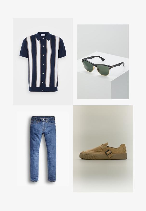 Kurzarm-Poloshirt mit navyblauem Grundton und vertikalen Streifen in Weiß und Beige. Verfügt über einen Kragen und eine Knopfleiste.; Blaue Jeans aus Denim mit geradem Bein. Klassischer Fünf-Taschen-Stil, verziert mit Kupfernieten und einem ausgefransten Saum.; Hellbrauner Veloursleder-Slipper mit dicker Gummisohle und schwarzem Riemen mit Schnalle über dem Spann, Seitenansicht auf einfarbigem Hintergrund.; Ray-Ban Sonnenbrillen mit grünen Gläsern, schwarzen Kunststoffrahmen und goldenen Akzenten an den Rändern. Quadratische Form mit matter Oberfläche.