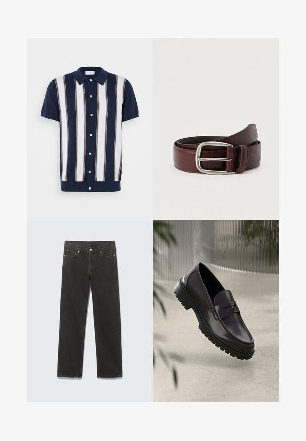 Kurzarm-Poloshirt mit navyblauem Grundton und vertikalen Streifen in Weiß und Beige. Verfügt über einen Kragen und eine Knopfleiste.; Schwarze Denim-Jeans mit geradem Bein, vorderen Taschen, Gürtelschlaufen und Knopfverschluss, flach auf einem grauen Hintergrund liegend.; Braune Leder-Loafers mit einer strukturierten, geriffelten Gummisohle. Sie zeichnen sich durch ein schlankes Design und einen dekorativen Riemen über dem Spann aus.; Brauner Ledergürtel mit strukturierter Oberfläche, ausgestattet mit einer silbernen Metallschnalle und einer einzelnen Schlaufe zur Anpassung. Gewebtes Design in der Nähe der Schnalle.