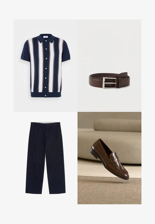 Kurzarm-Poloshirt mit navyblauem Grundton und vertikalen Streifen in Weiß und Beige. Verfügt über einen Kragen und eine Knopfleiste.; Schwarze Hose mit geradem Bein, Gürtelschlaufen, Seitentaschen und Frontreißverschluss, flach auf weißem Hintergrund präsentiert.; Brauner Leder-Slipper mit strukturierter Musterung, der über einem beigen Teppich schwebt, vor einem beigen Sofa im Hintergrund.; Dunkelbrauner Leder-Gürtel mit silberner rechteckiger Schnalle, ordentlich auf einem schlichten weißen Hintergrund aufgewickelt.