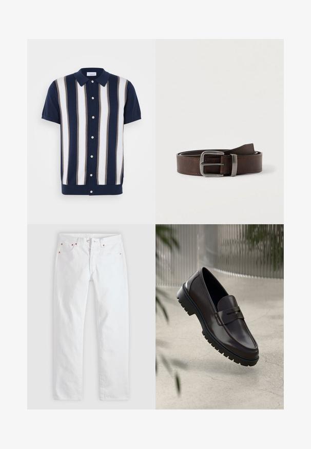 Kurzarm-Poloshirt mit navyblauem Grundton und vertikalen Streifen in Weiß und Beige. Verfügt über einen Kragen und eine Knopfleiste.; Weiße gerade geschnittene Herrenjeans mit Knopfleiste, fünf Taschen und Kupfernieten-Details vor hellgrauem Hintergrund.; Braune Leder-Loafers mit einer strukturierten, geriffelten Gummisohle. Sie zeichnen sich durch ein schlankes Design und einen dekorativen Riemen über dem Spann aus.; Dunkelbrauner Leder-Gürtel mit silberner rechteckiger Schnalle, aufgerollt und gegen einen hellen neutralen Hintergrund platziert.
