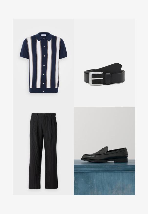 Polo à manches courtes avec une base bleu marine et des rayures verticales blanches et beiges. Il comporte un col et une fermeture à boutons.; Jack & Jones Classic Wide Leg Fit - Pantalon classique - black; Mocassins noirs en cuir avec un design élégant, comportant un bout cousu et une finition lisse. La chaussure possède un talon bas et un minimum de détails.; Ceinture en cuir noir avec une texture lisse, boucle rectangulaire en argent et une boucle pour l'extrémité. Présente des coutures soignées le long des bords.