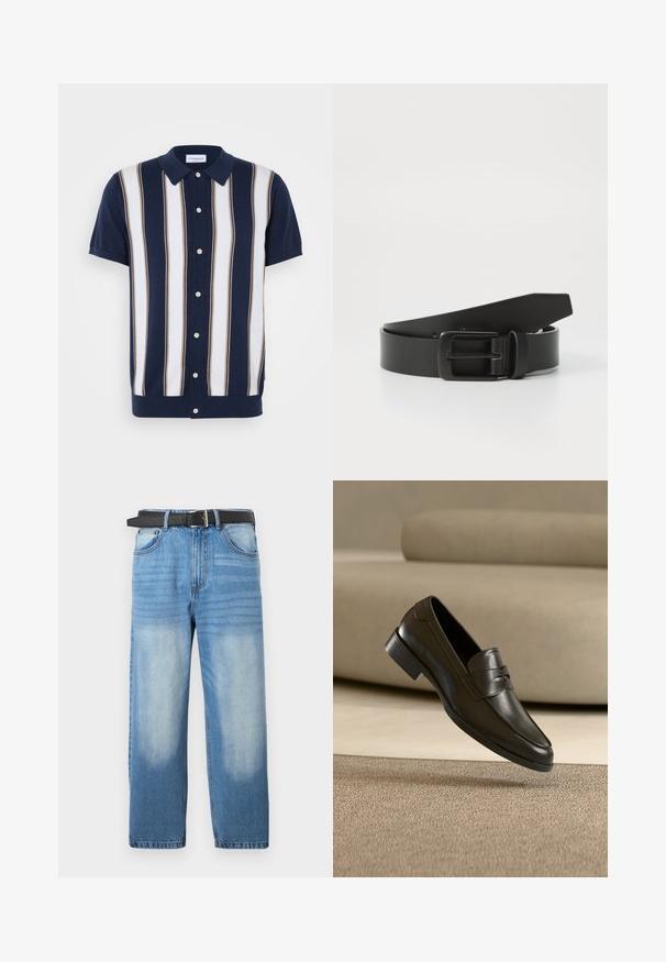 Korte mouwen polo shirt met een marineblauwe basis en verticale strepen in wit en bruin. Heeft een kraag en een knoopsluiting aan de voorkant.; Lichtblauwe denim jeans met een rechte pijp, voorzien van een zwarte riem, vervaagde vlekken en subtiele diagonale textuur op het bovenste gedeelte.; Zwarte leren loafer zwevend boven een beige tapijt met een beige bank op de achtergrond, met een klassiek mannenmodel instapontwerp.; Zwarte leren riem met een matte zwarte metalen gesp, met een gladde textuur en eenvoudig ontwerp. Verstelbare lengte met een taps toelopend uiteinde.