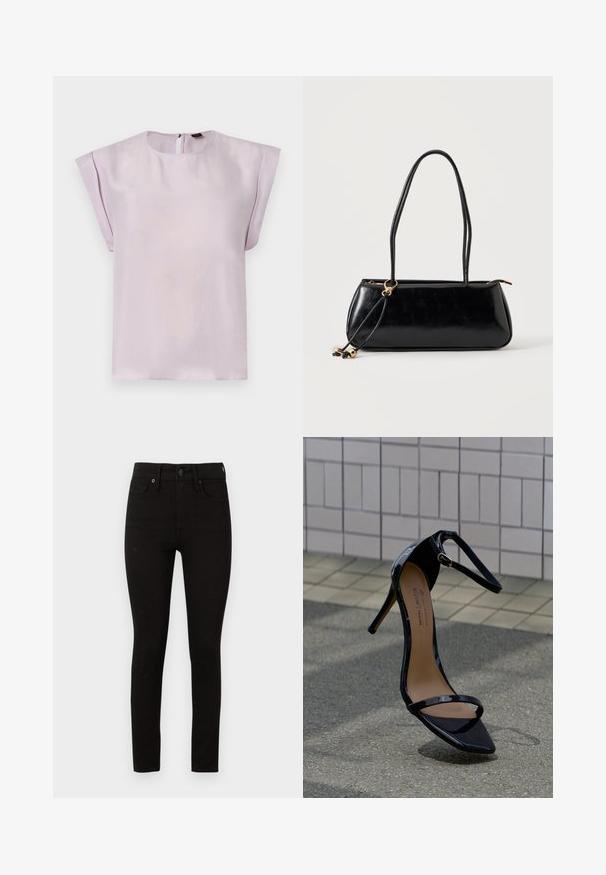 Blouse en soie lilas avec un col rond, des manches courtes drapées et une fermeture au dos en forme d'œillet. Texture douce avec un design minimaliste.; Good American GOOD LEGS - Jeans Skinny - black; Sandale à talons hauts en cuir verni noir avec bride à la cheville, boucle dorée et bout pointu, positionnée verticalement sur une surface de carrelage et d'asphalte.; Sac à main rectangulaire noir avec deux longues bandoulières, détail anneau doré et fermeture éclair sur un fond clair uni.