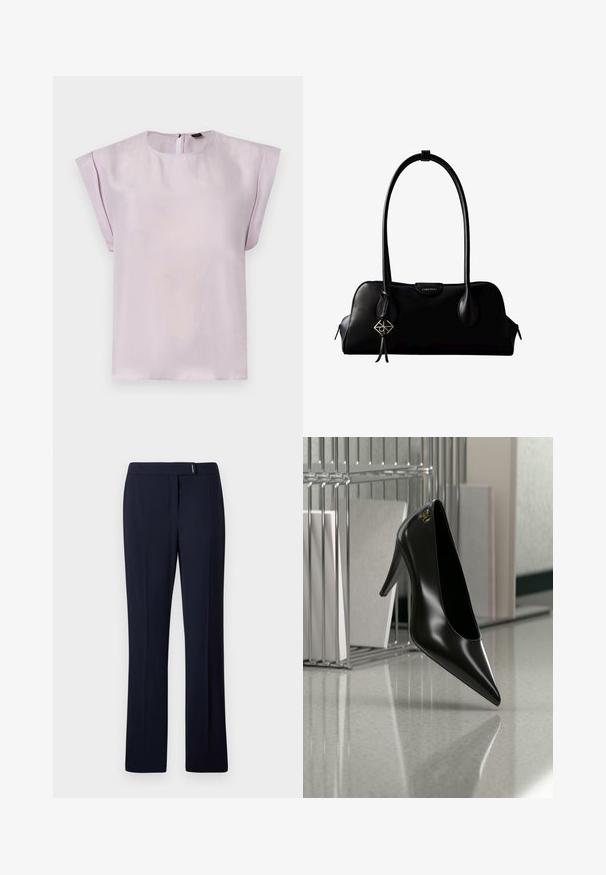 Blouse en soie lilas avec un col rond, des manches courtes drapées et une fermeture au dos en forme d'œillet. Texture douce avec un design minimaliste.; Pantalons ajustés bleu marine en tissu lisse, présentant un devant plat, des jambes droites et une subtile touche argentée à la taille.; Chaussure noire à talon haut avec bout pointu et logo doré, posée sur une surface réfléchissante près d'un organiseur de dossiers en fil chromé contenant des documents.; Sac à main en cuir noir Calvin Klein avec de longues anses, une étiquette logo à l'avant et un charme géométrique argenté suspendu à une anse.