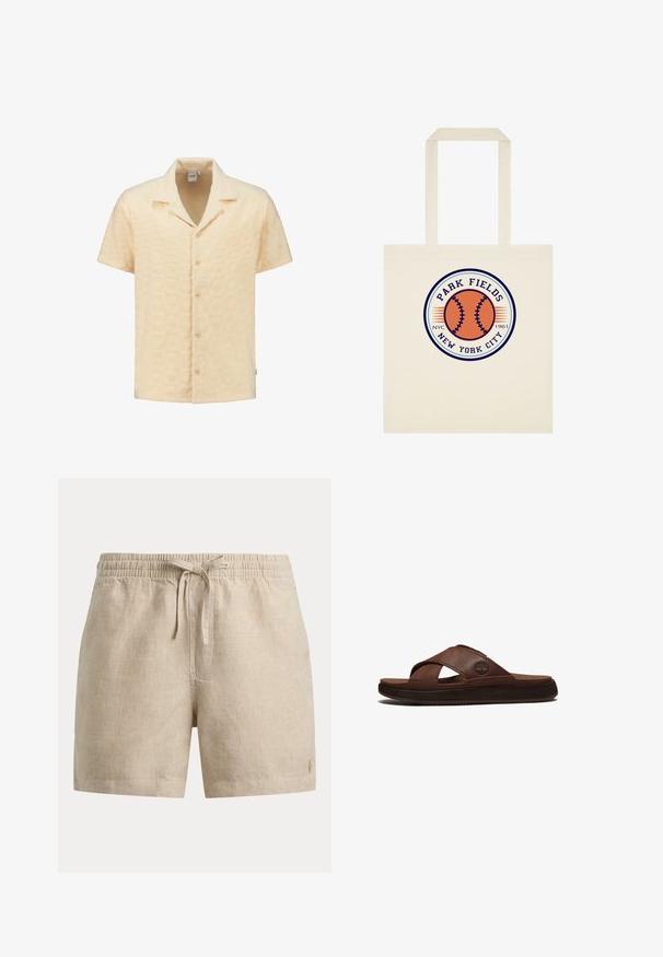 Kurzarmhemd aus strukturiertem, hellgelbem Stoff mit geometrischem Muster, mit eingekerbtem Kragen und fünf Knöpfen an der Vorderseite.; Beige karierte Shorts mit elastischem Bund und vorderem Kordelzug, mit kleinem eingesticktem Logo am unteren linken Bein.; Brauner Herrenslider aus Leder mit gekreuzten Riemen und strukturierter schwarzer Sohle, mit einem kleinen eingeprägten Baum-Logo auf dem äußeren Riemen.; Beige Tragetasche mit langen Griffen, auf der ein rundes Logo eines orangefarbenen Baseballs und der Text „Park Fields New York City NYC 1961.“ abgebildet sind.